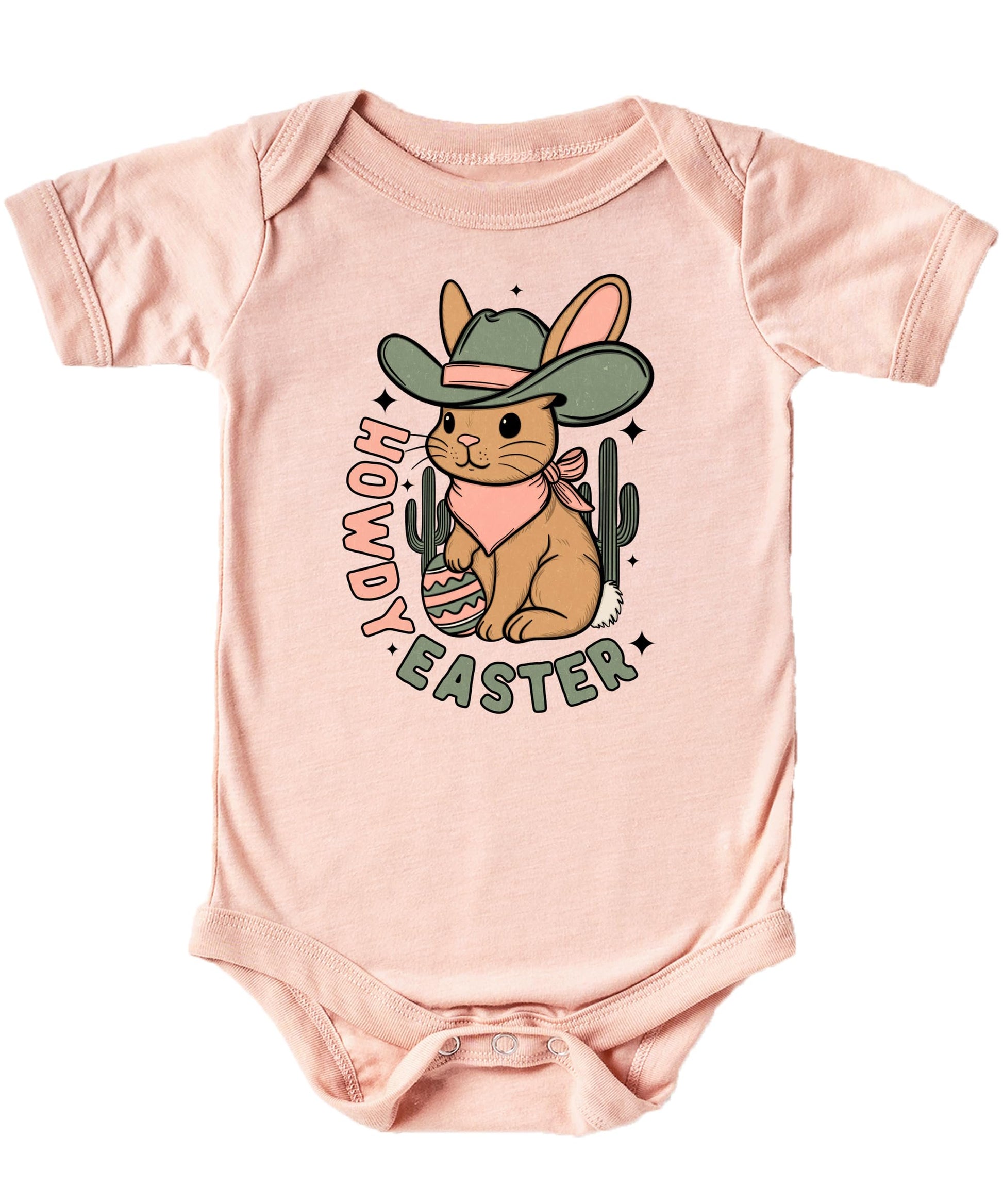 Peach baby girl bodysuit with howdy western cowboy bunny Easter graphic design