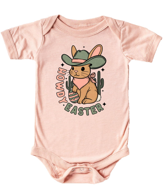 Peach baby girl bodysuit with howdy western cowboy bunny Easter graphic design