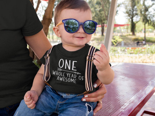 One Whole Year of Awesome boys 1st birthday cake smash outfit short sleeve shirt
