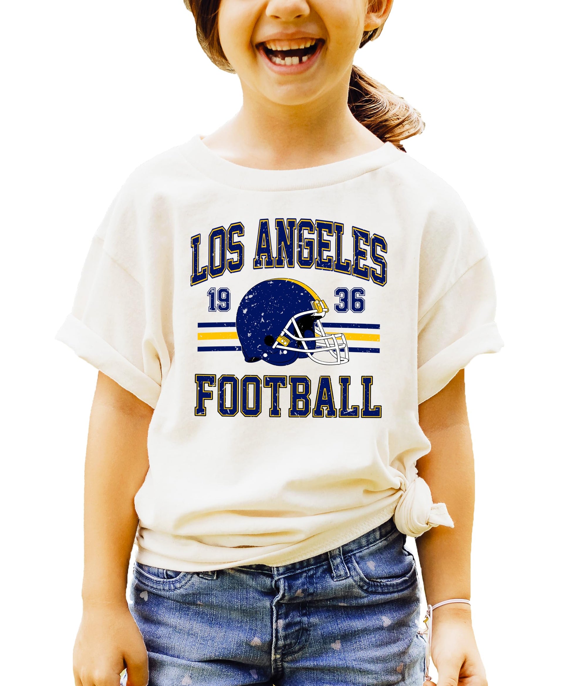 Detail shot of blue and gold Los Angeles Football 1936 vintage graphic with classic helmet and distressed lettering