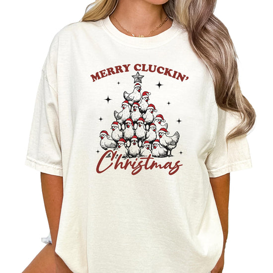 Back or detail view of Merry Cluckin' Christmas women's holiday graphic tee in seafoam