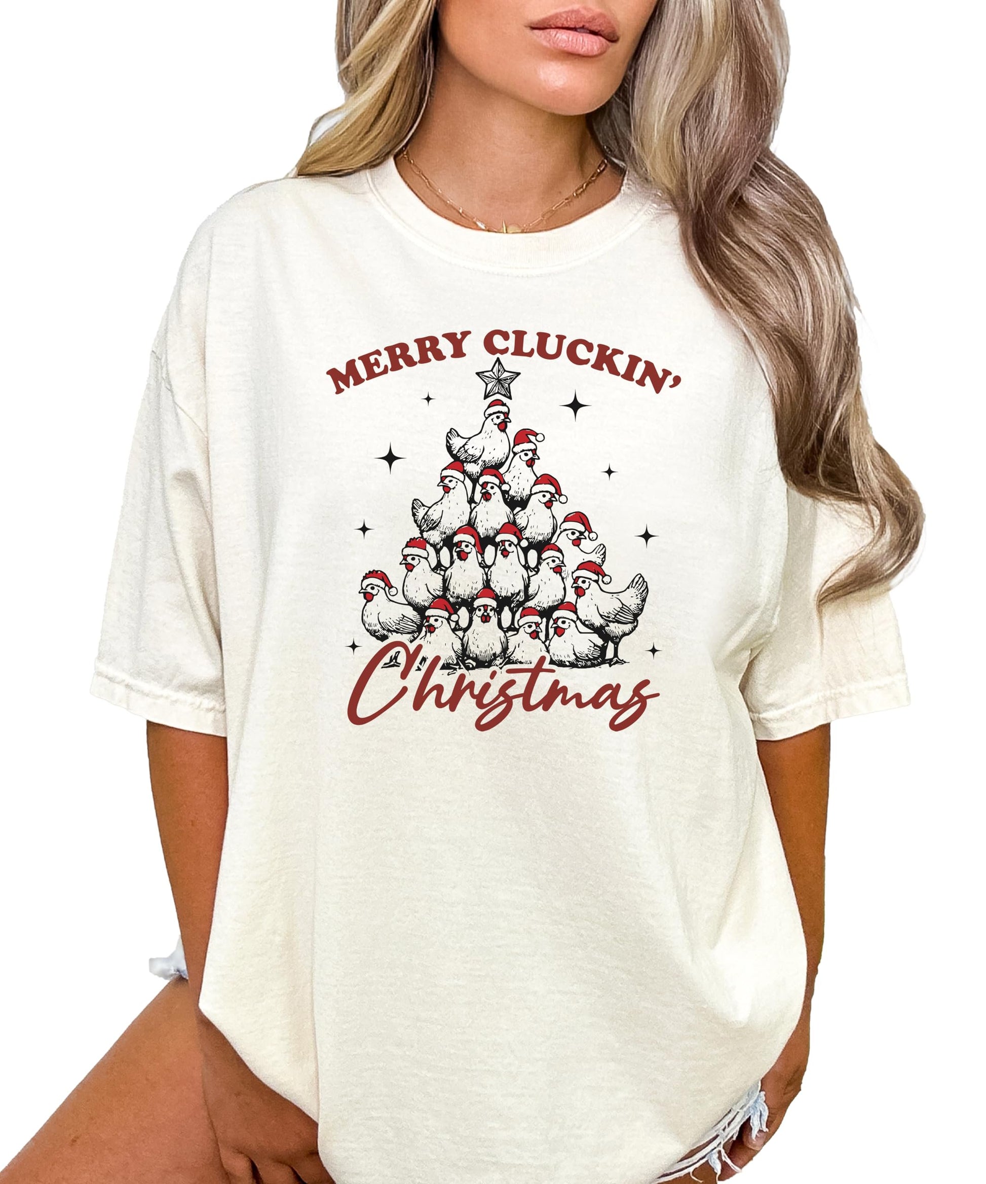 Back or detail view of Merry Cluckin' Christmas women's holiday graphic tee in seafoam