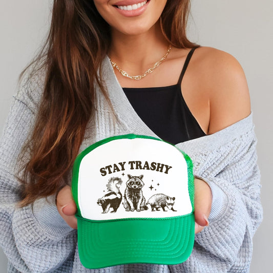 Stay Trashy Funny Raccoon Graphic Classic 5 Panel Mesh Snap Back Trucker Hat
