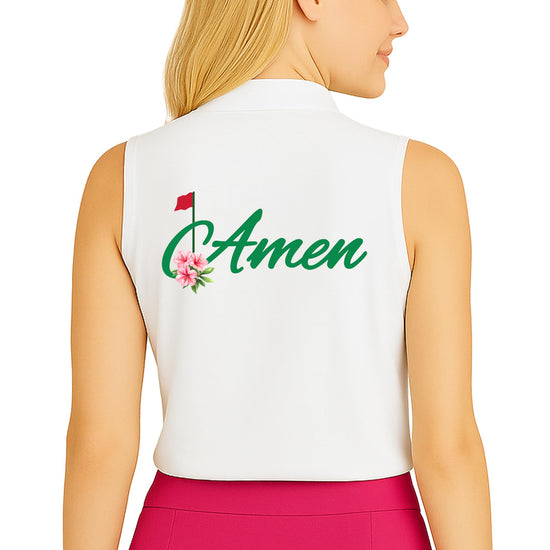 White golf polo shirt with Amen script text and floral golf flag design for women