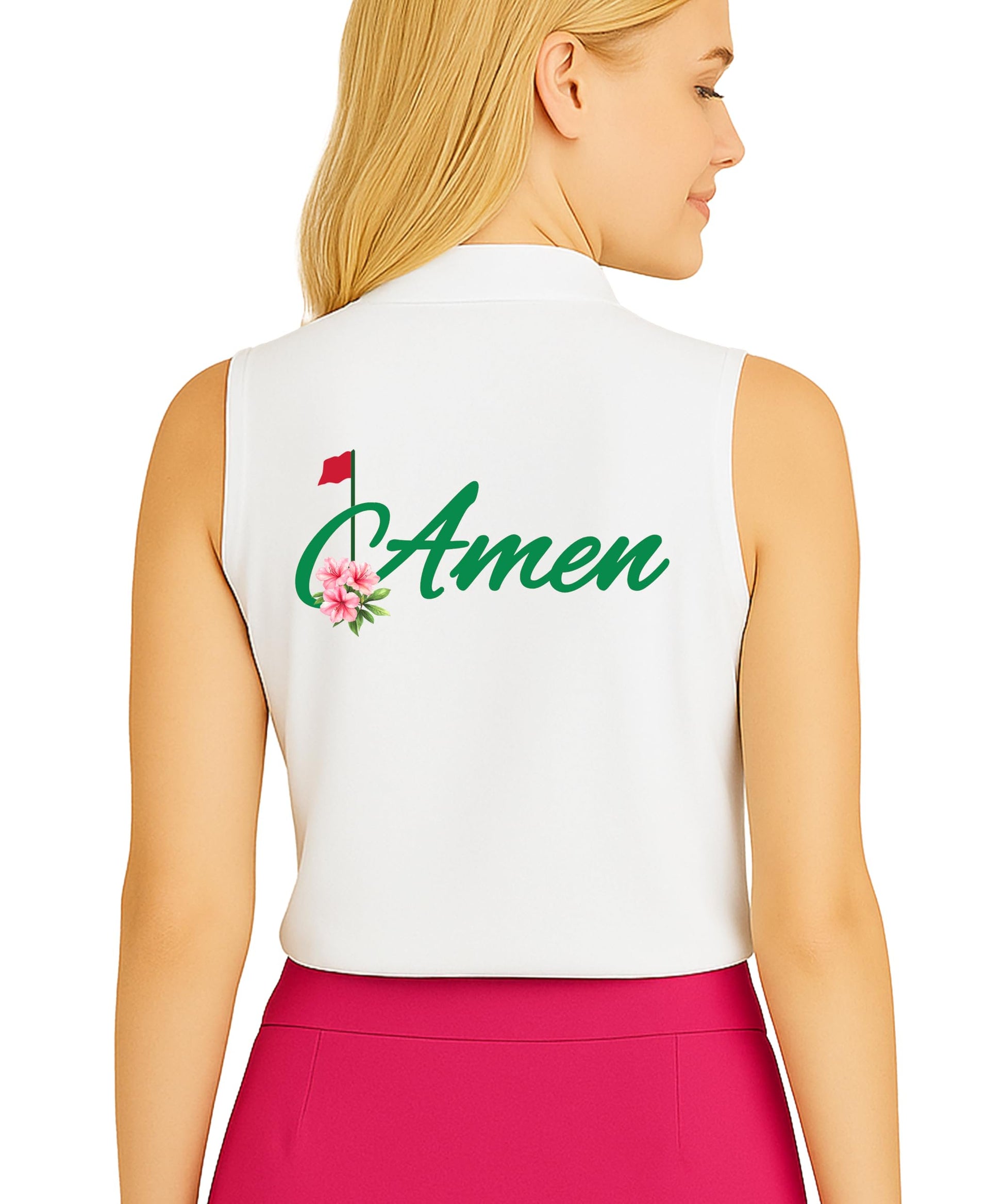 White golf polo shirt with Amen script text and floral golf flag design for women