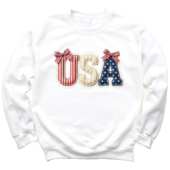Size chart and fit guide for USA patriotic bow sweatshirt in youth and adult sizes