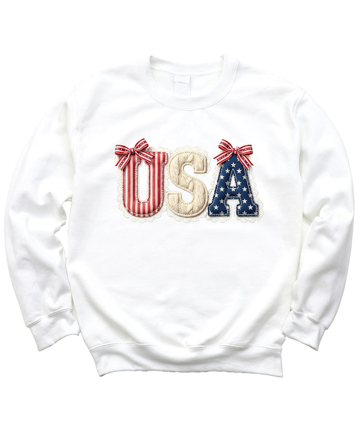 Size chart and fit guide for USA patriotic bow sweatshirt in youth and adult sizes