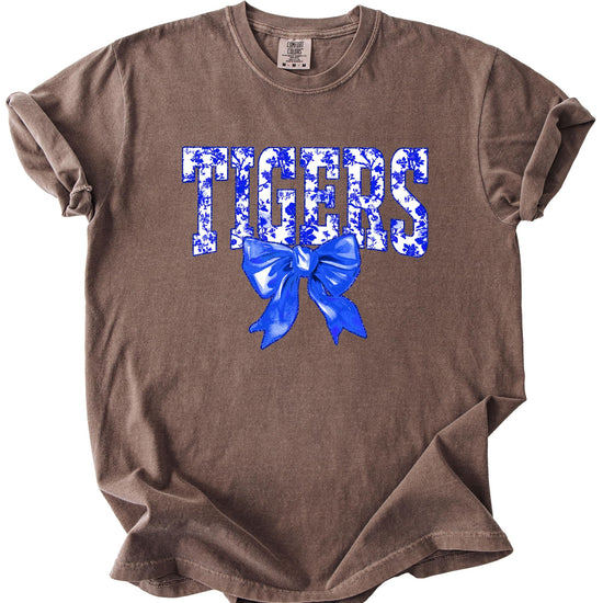 Tigers blue bow graphic shirt laid flat showing full design detail