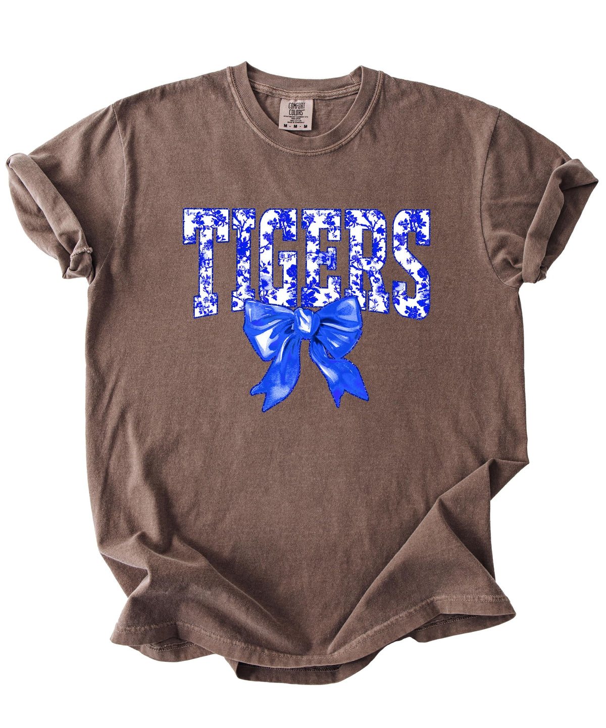 Tigers blue bow graphic shirt laid flat showing full design detail
