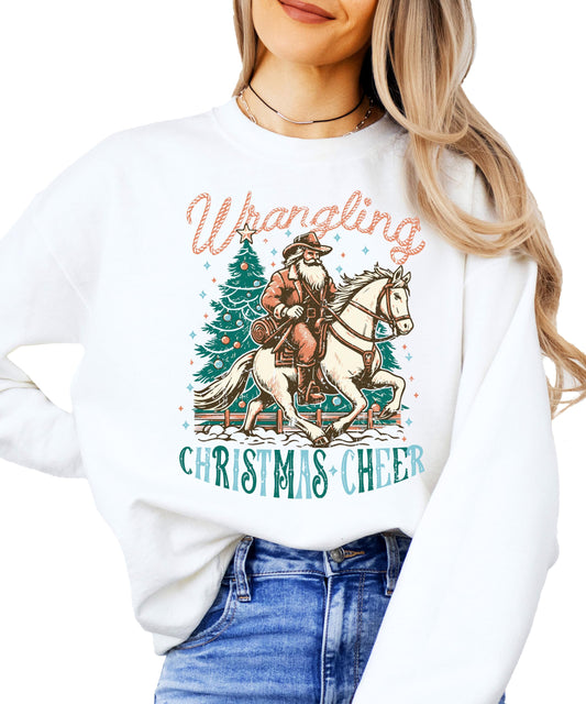 Wrangling Christmas Cheer Sweatshirt for Women Teens and Girls Cowboy Santa Holiday Sweater White Sweatshirt Adult Large