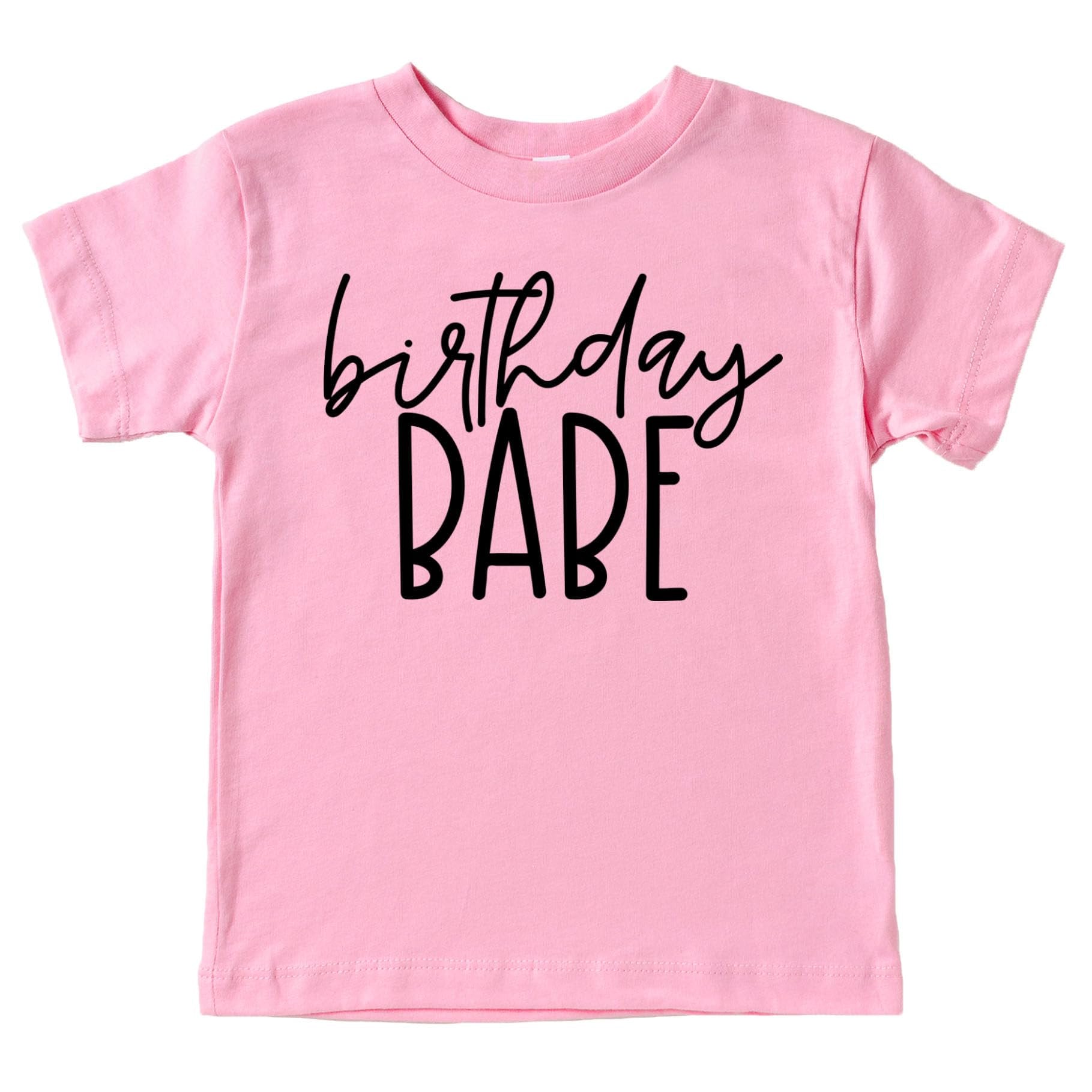 Close-up of Birthday Babe script print on purple girls birthday shirt