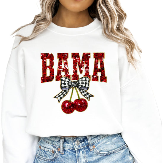 Side view of women's BAMA crewneck sweatshirt with retro sequin print and playful cherry detail
