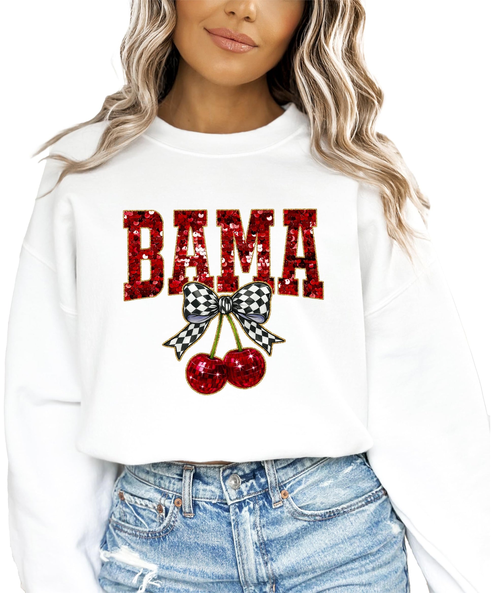 Side view of women's BAMA crewneck sweatshirt with retro sequin print and playful cherry detail