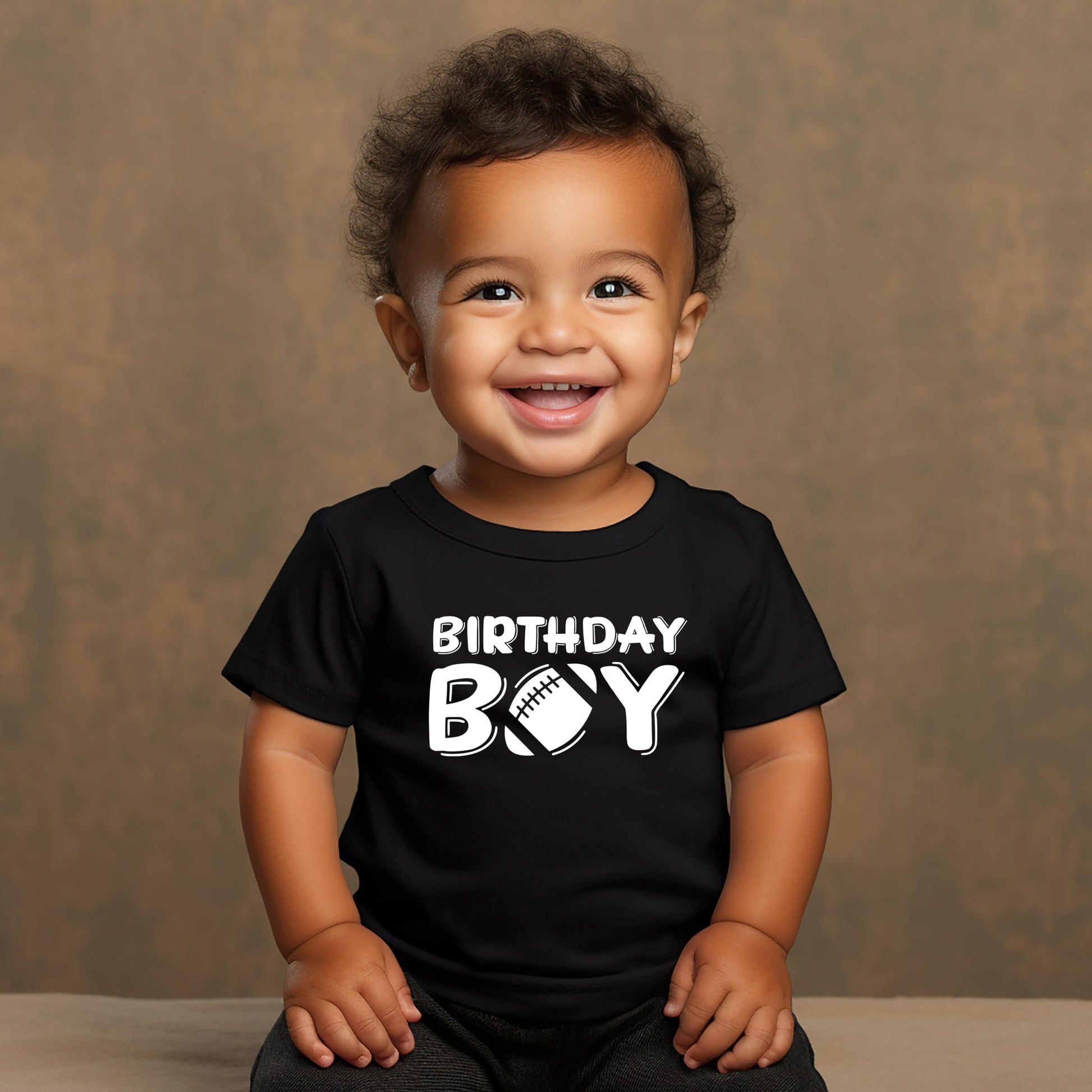 Birthday boy football sports graphic tee displayed for baby toddler and youth sizing