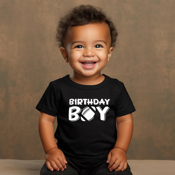 Birthday boy football sports graphic tee displayed for baby toddler and youth sizing
