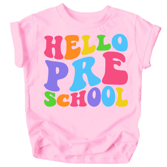 Kids wearing Hello Preschool back to school graphic tee in purple