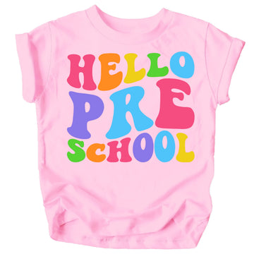 Kids wearing Hello Preschool back to school graphic tee in purple