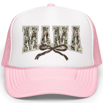 Mama Distressed Camo Trucker Hat Coquette Bow Classic 5 Panel Foam Front Mesh Snapback