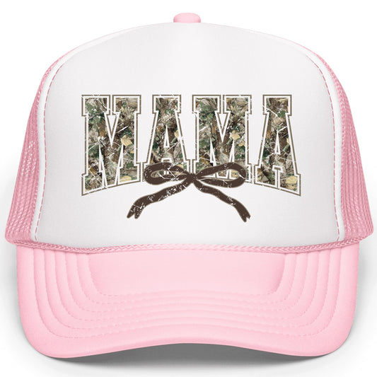 Mama Distressed Camo Trucker Hat Coquette Bow Classic 5 Panel Foam Front Mesh Snapback