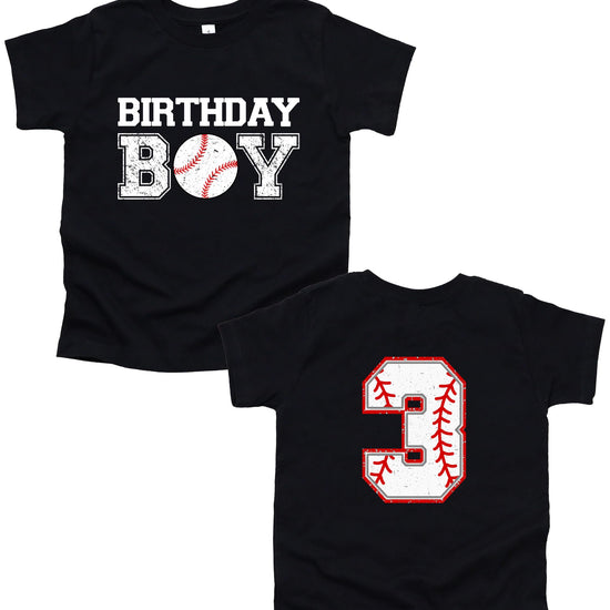 Young boy wearing black baseball birthday shirt with sports number design