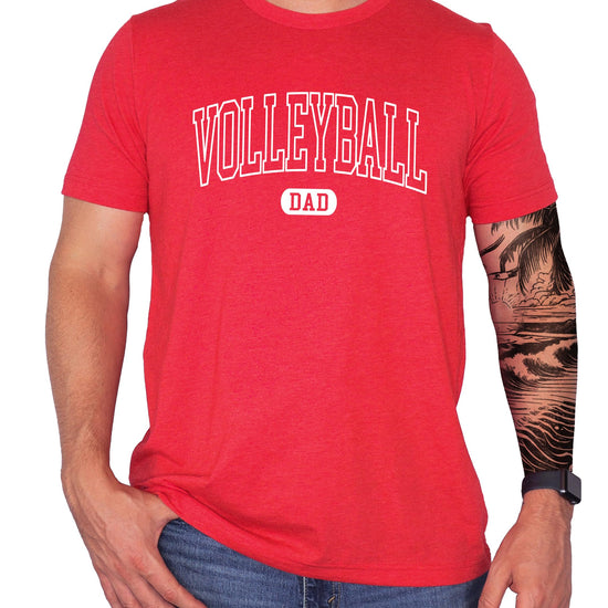 Man wearing gray Volleyball Dad graphic tee, front view