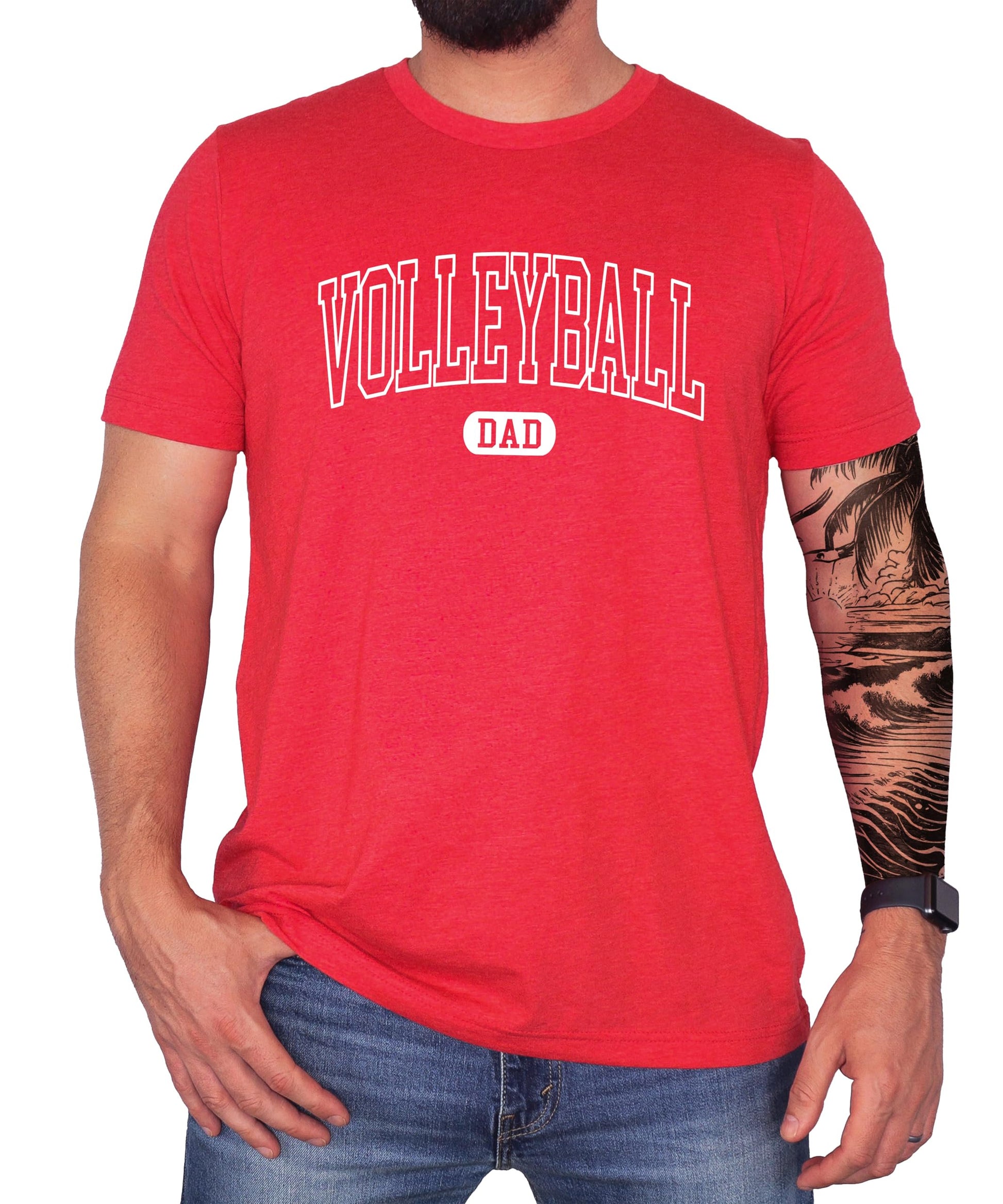 Man wearing gray Volleyball Dad graphic tee, front view