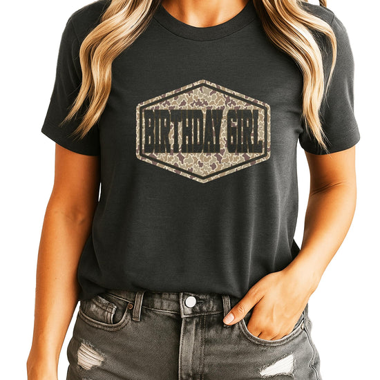 Birthday girl camo graphic tee laid flat, full shirt view