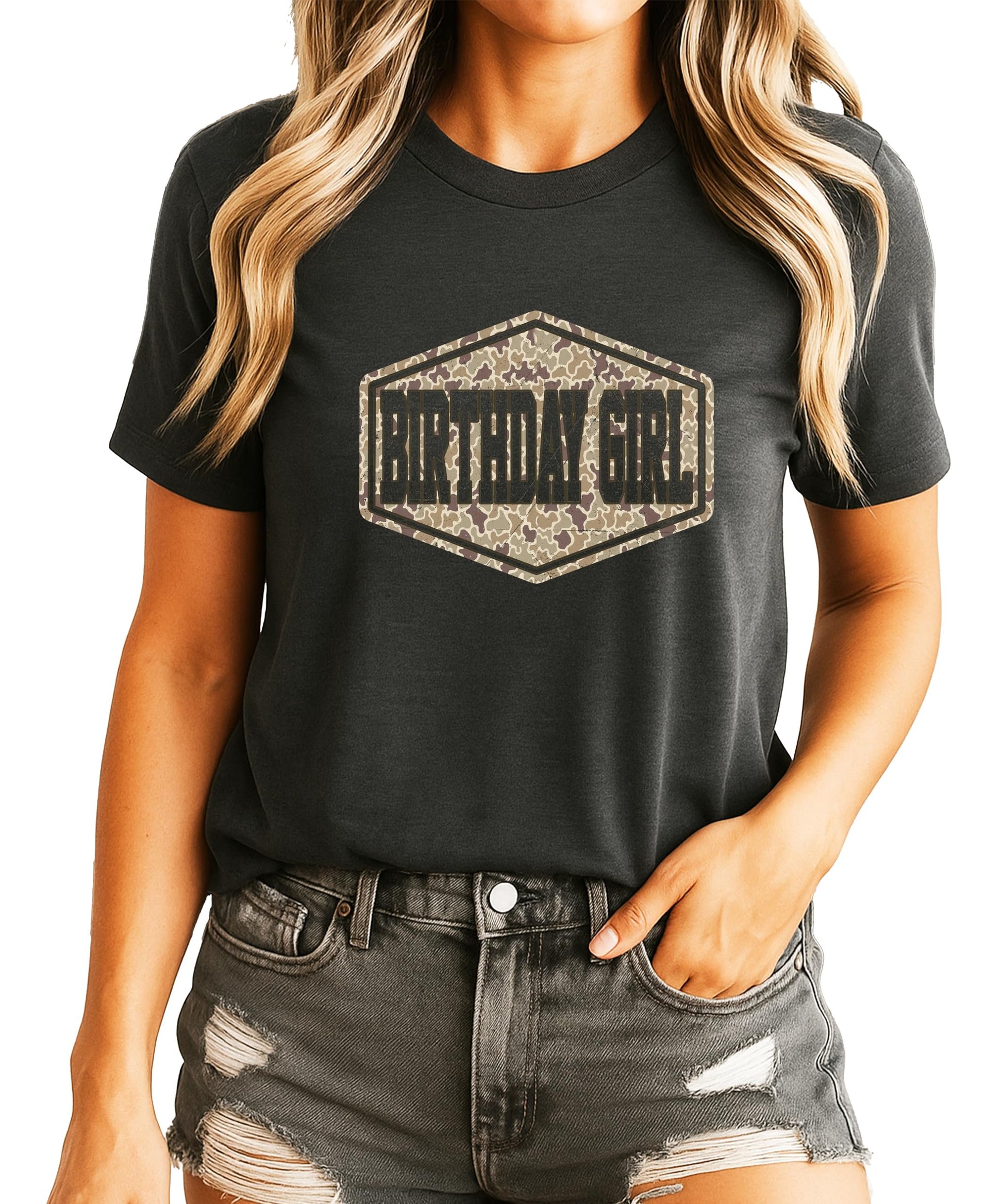 Birthday girl camo graphic tee laid flat, full shirt view