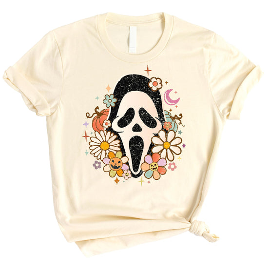 Front view of retro-style Scream face mask Halloween shirt for women
