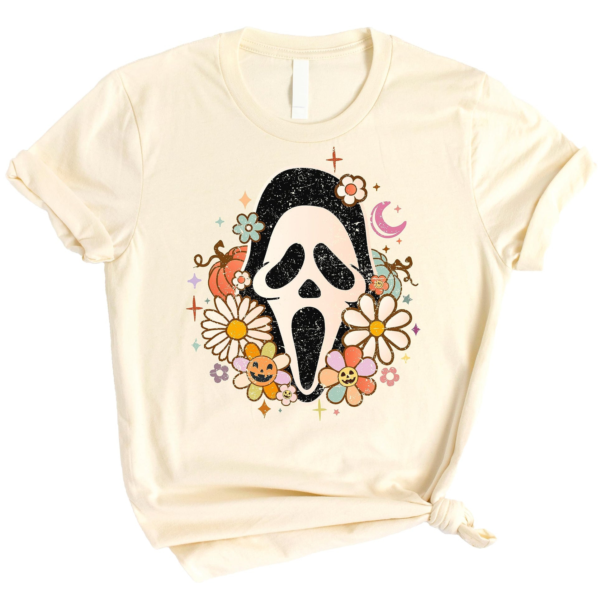 Front view of retro-style Scream face mask Halloween shirt for women