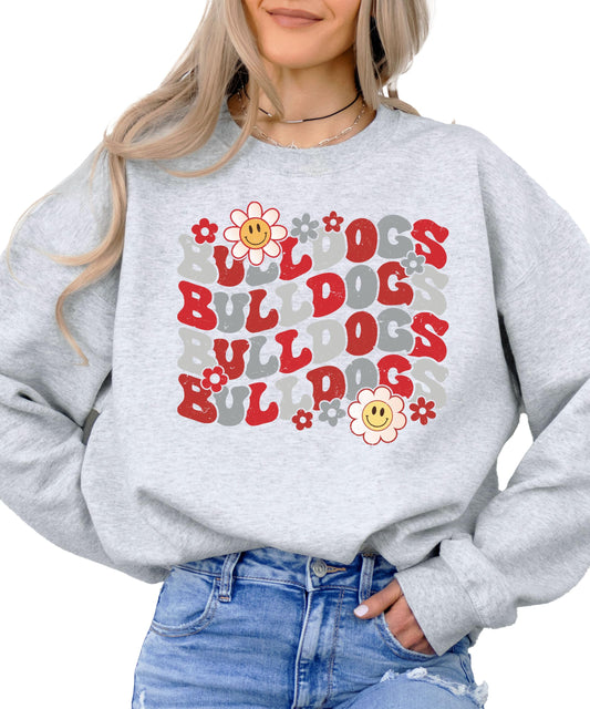 Bulldogs Team Sweatshirt for Women, Teens & Kids Floral Groovy Sports Team Sweater