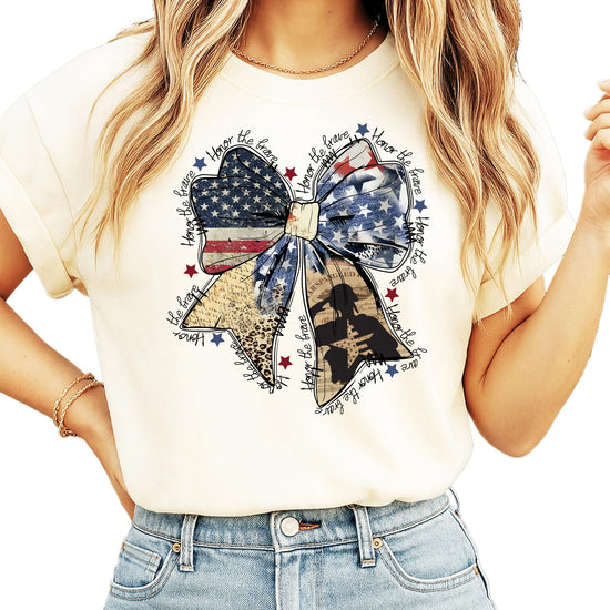 Model wearing Honor The Brave patriotic military bow graphic t-shirt, casual style