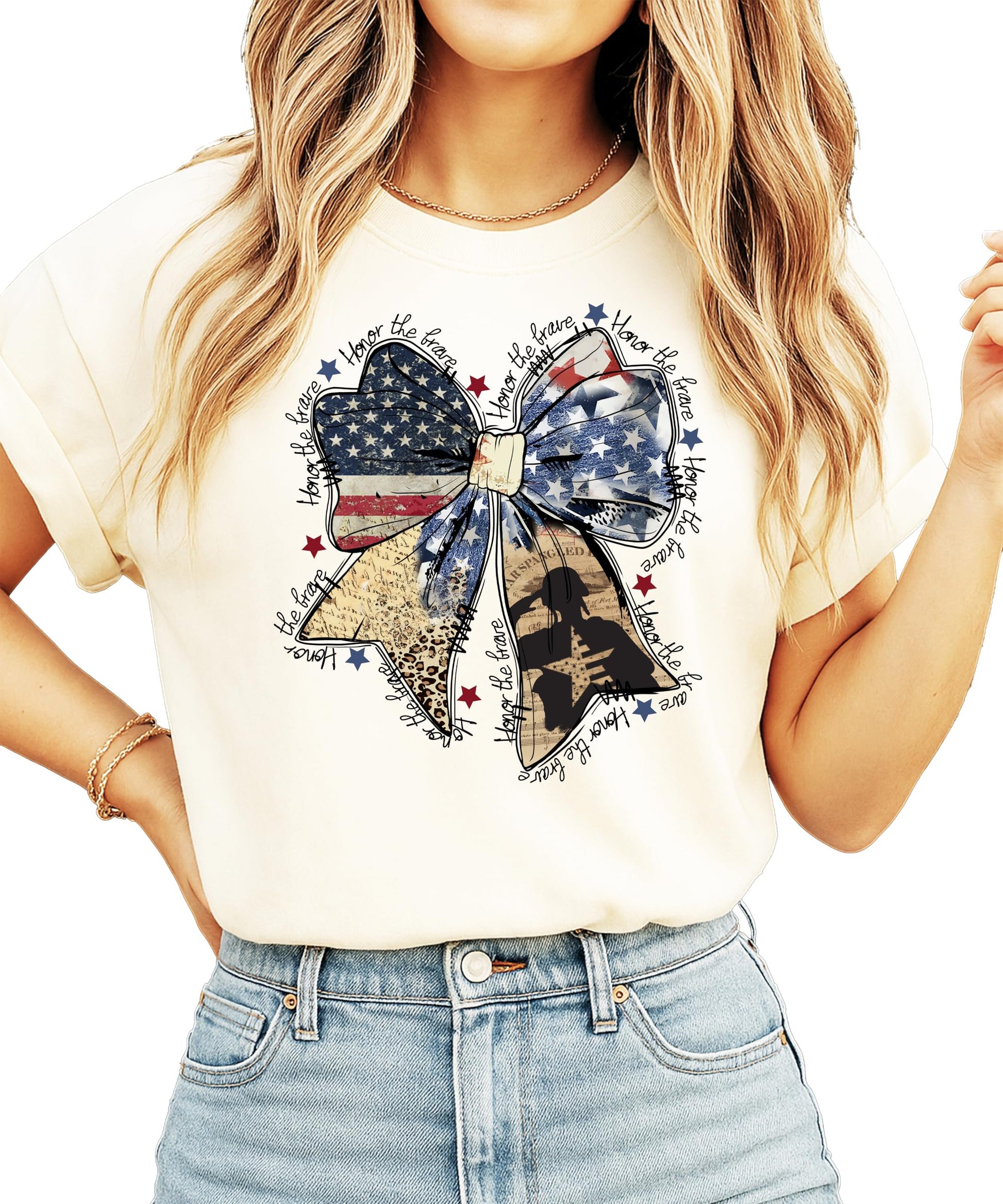 Model wearing Honor The Brave patriotic military bow graphic t-shirt, casual style