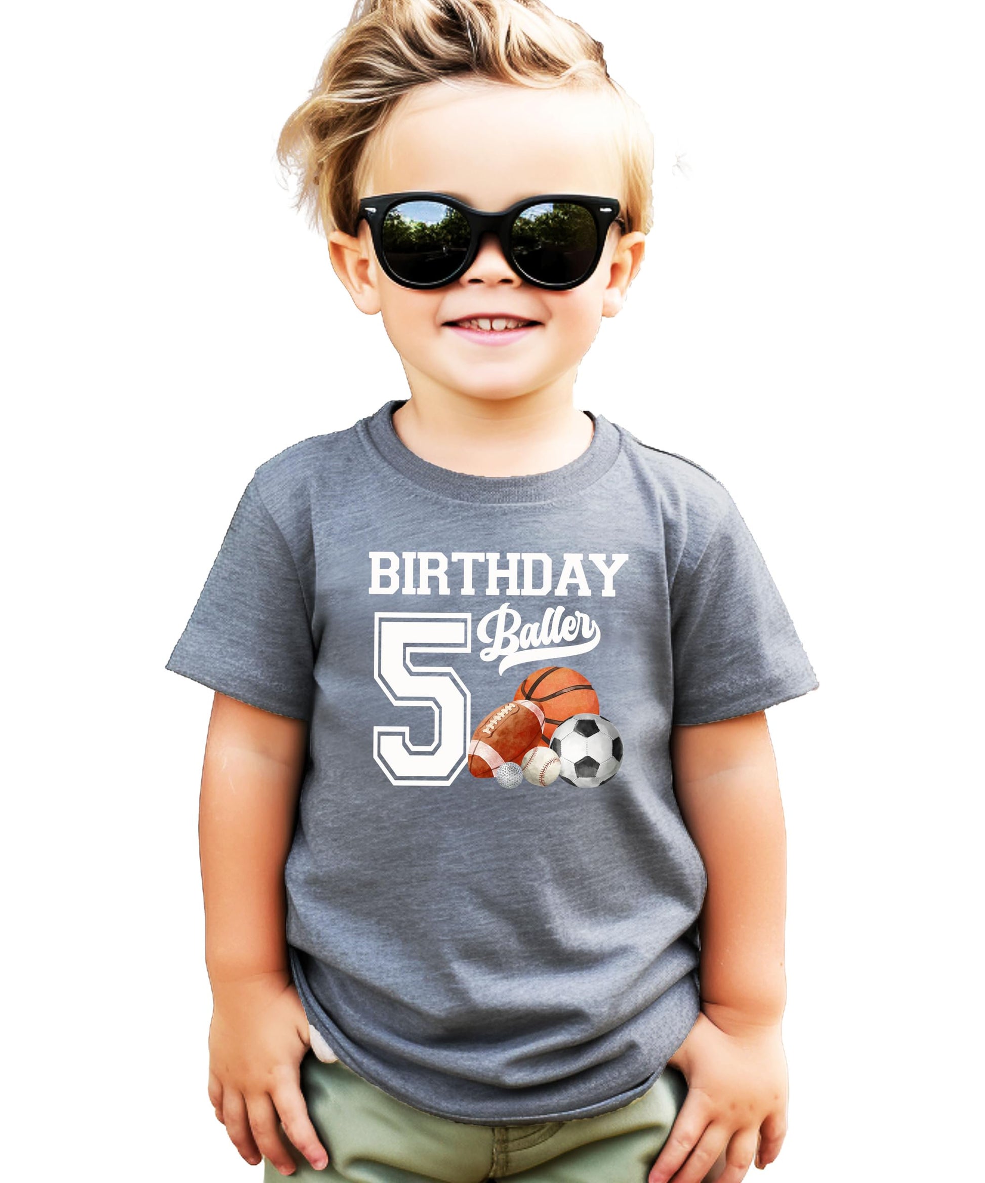 Kids black graphic tee laid flat showing 5th Birthday Baller sports design