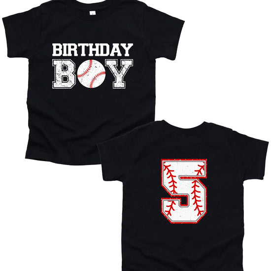 Detail shot of baseball themed birthday number graphic on boys black tee shirt