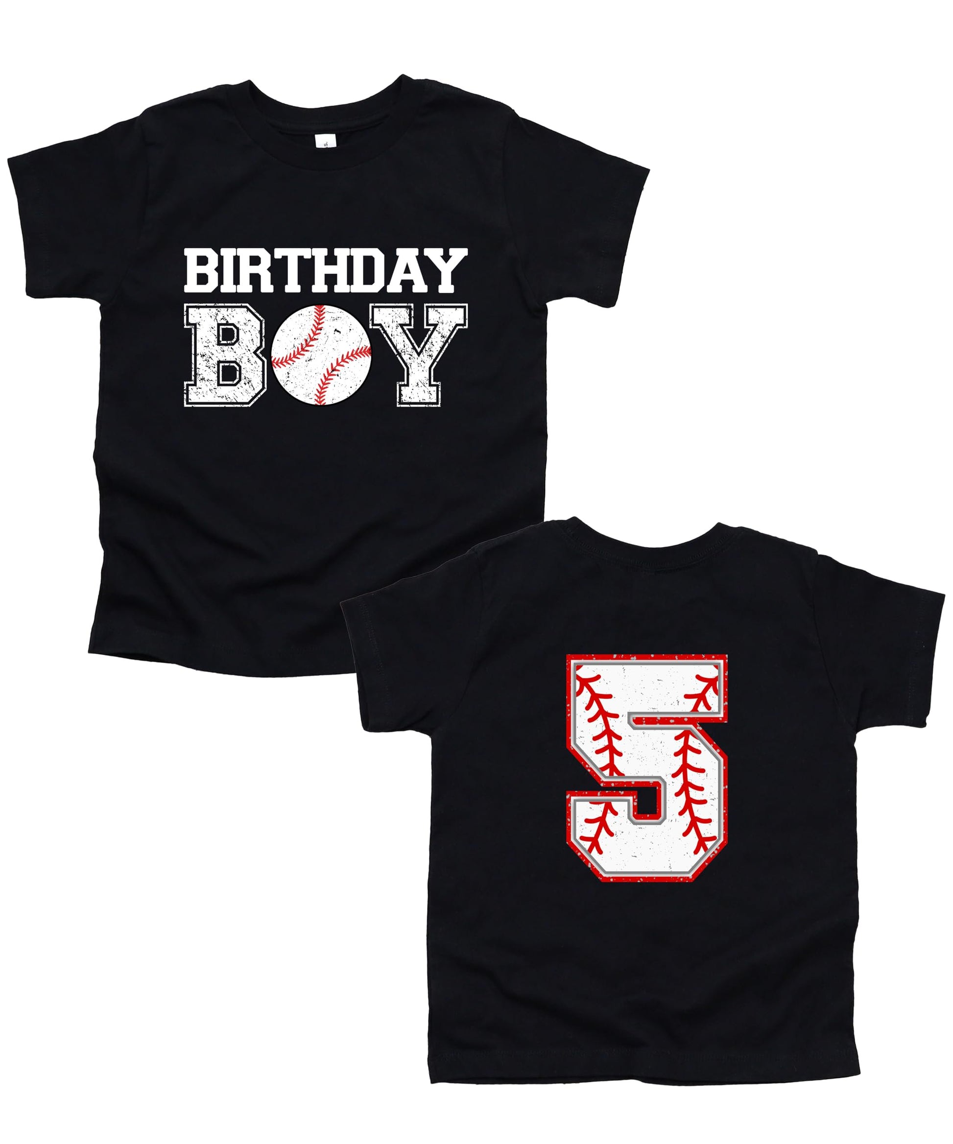 Detail shot of baseball themed birthday number graphic on boys black tee shirt