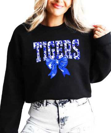 White Tigers blue bow sweatshirt with floral print text and bow graphic design