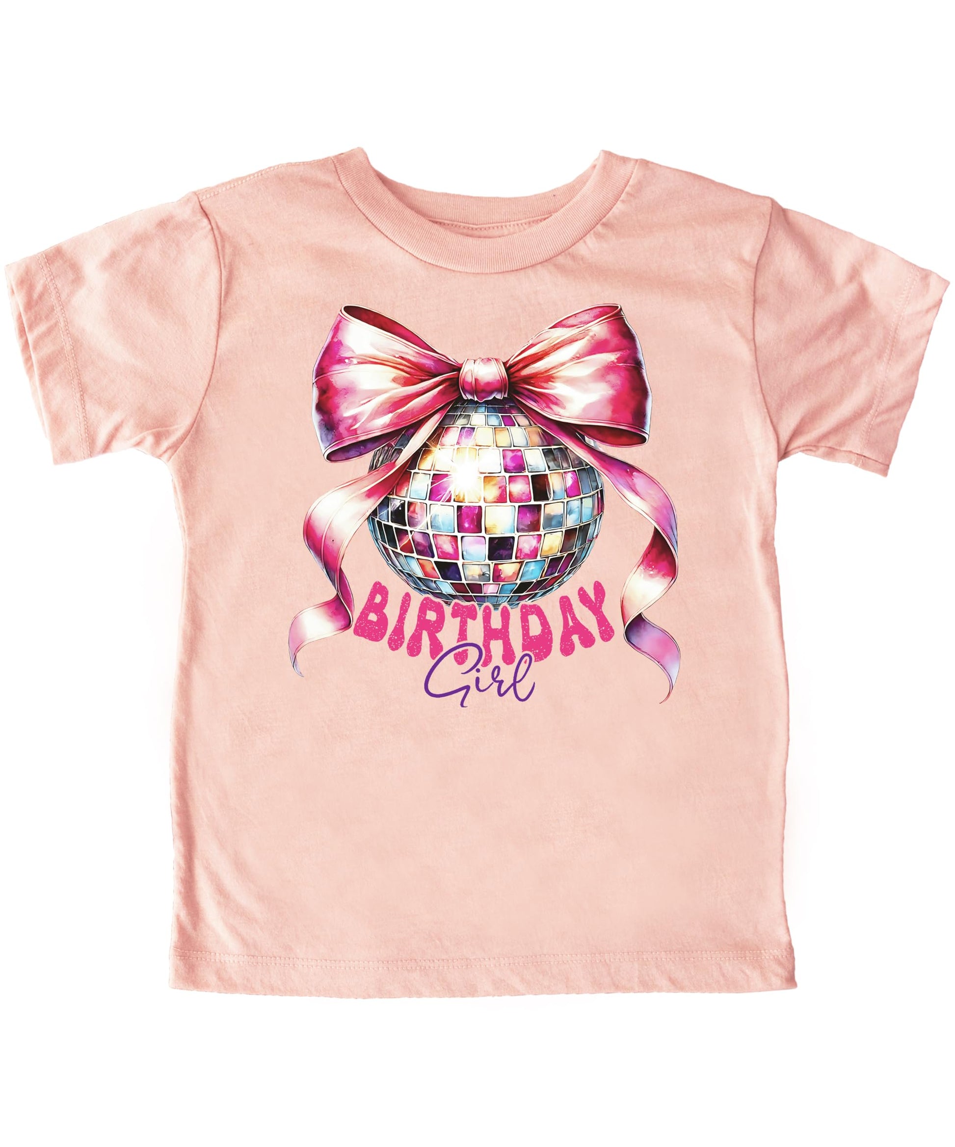 Close-up of coquette-style disco ball with large pink bow graphic on kids birthday girl t-shirt