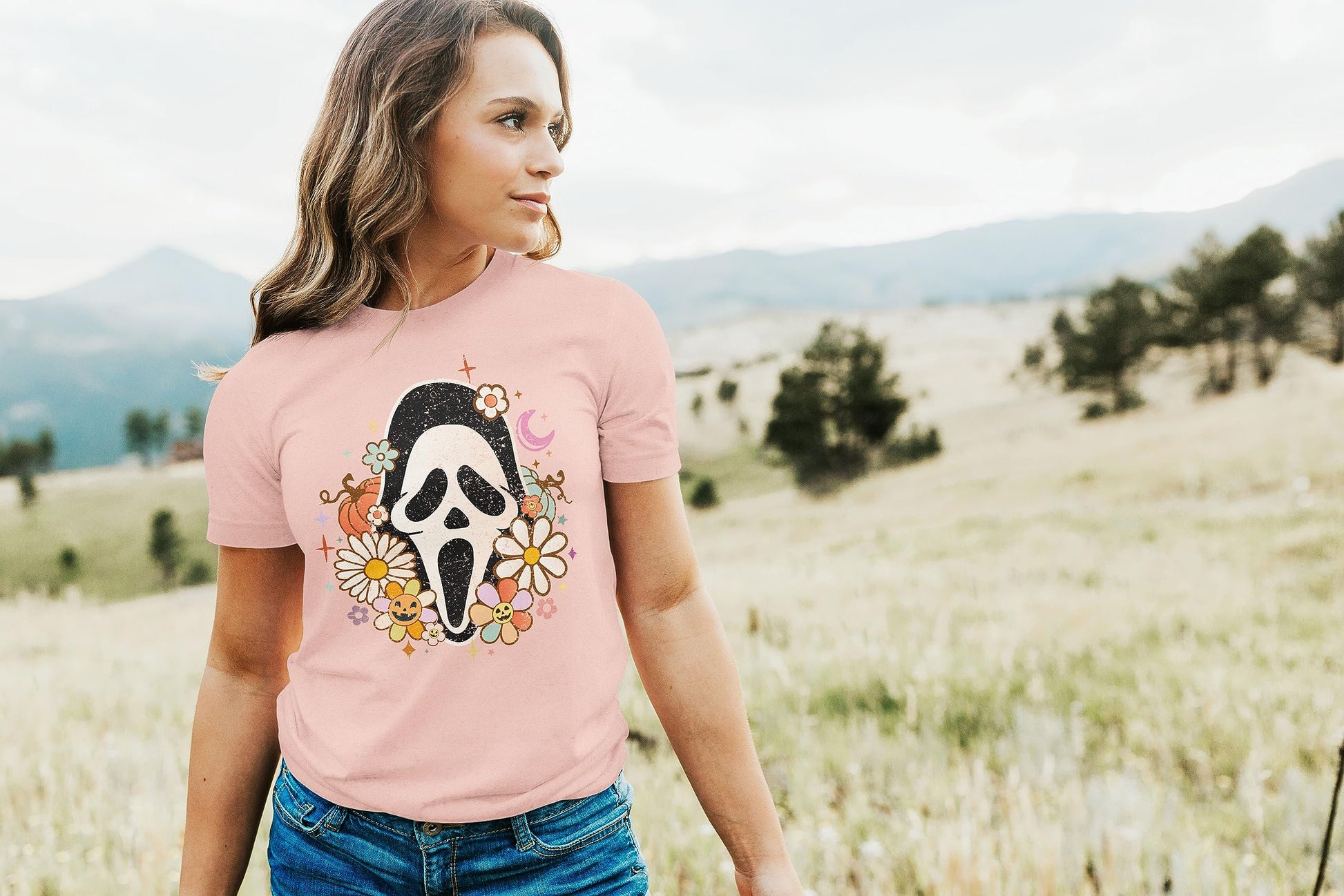 Detail shot of vibrant Scream mask Halloween graphic on soft cotton tee