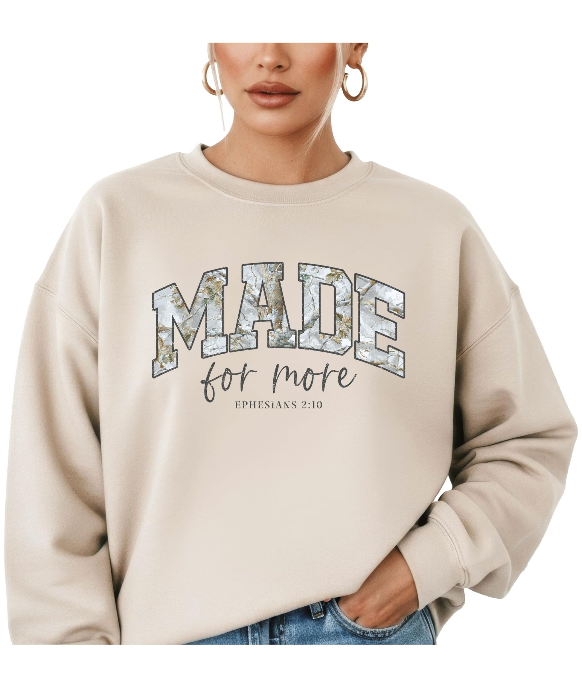 Woman wearing camo Made for More Christian faith sweatshirt front view