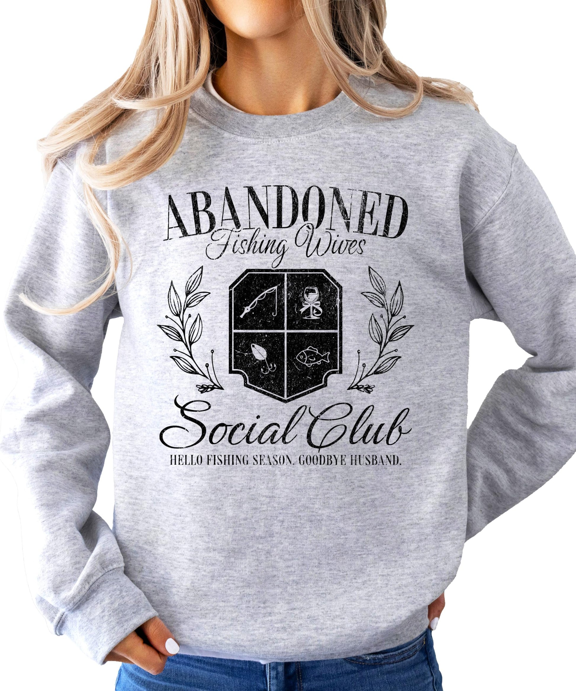 Close-up of Abandoned Fishing Wives Social Club funny fishing wife sweatshirt graphic print