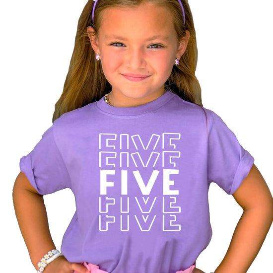 Close-up of 5th Birthday Explosion graphic print on kids military green tee
