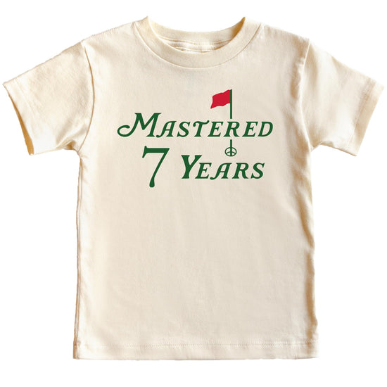 Mastered 7 Years kids birthday graphic tee showing full front design detail