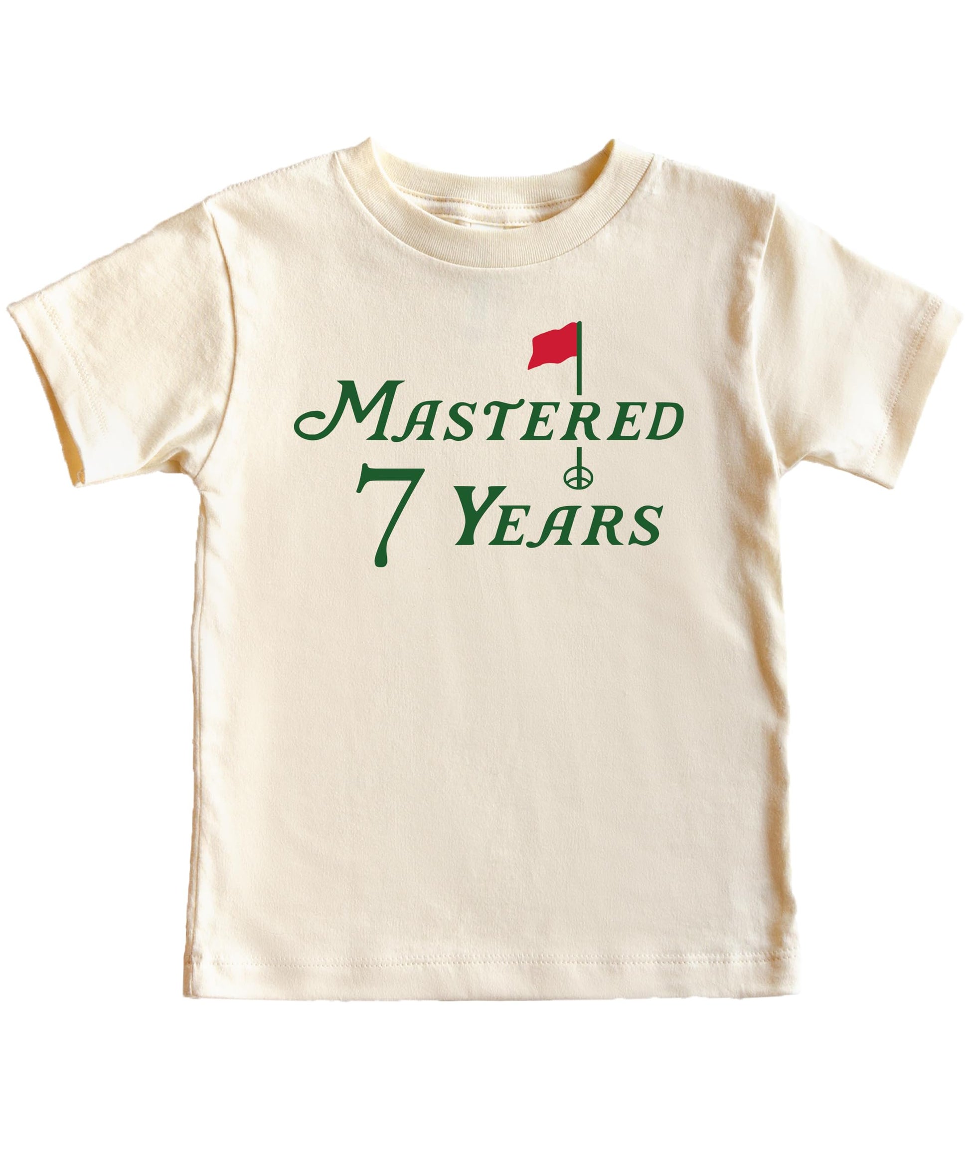Mastered 7 Years kids birthday graphic tee showing full front design detail