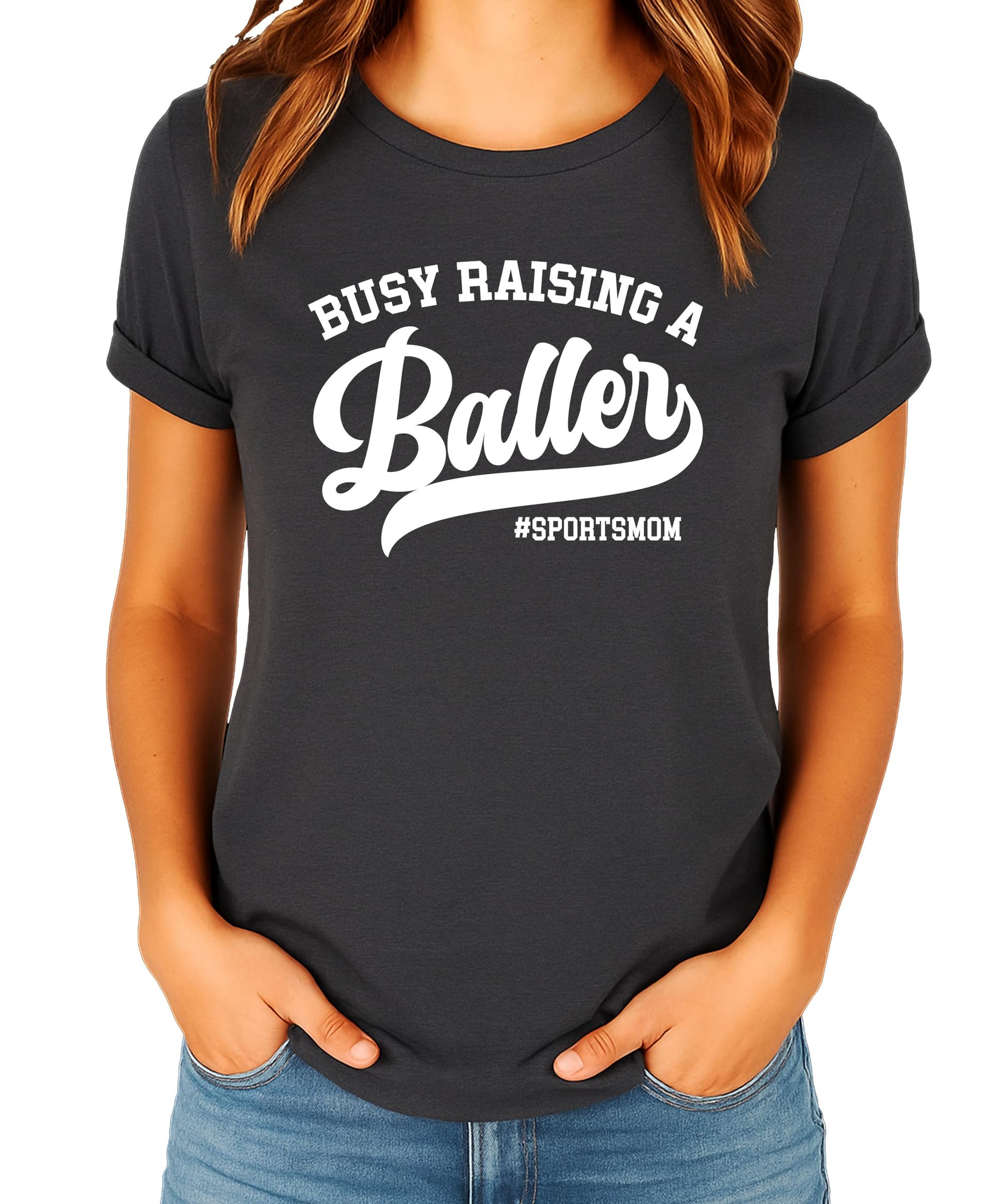 Busy Raising a Baller women's black graphic tee, lifestyle flat lay