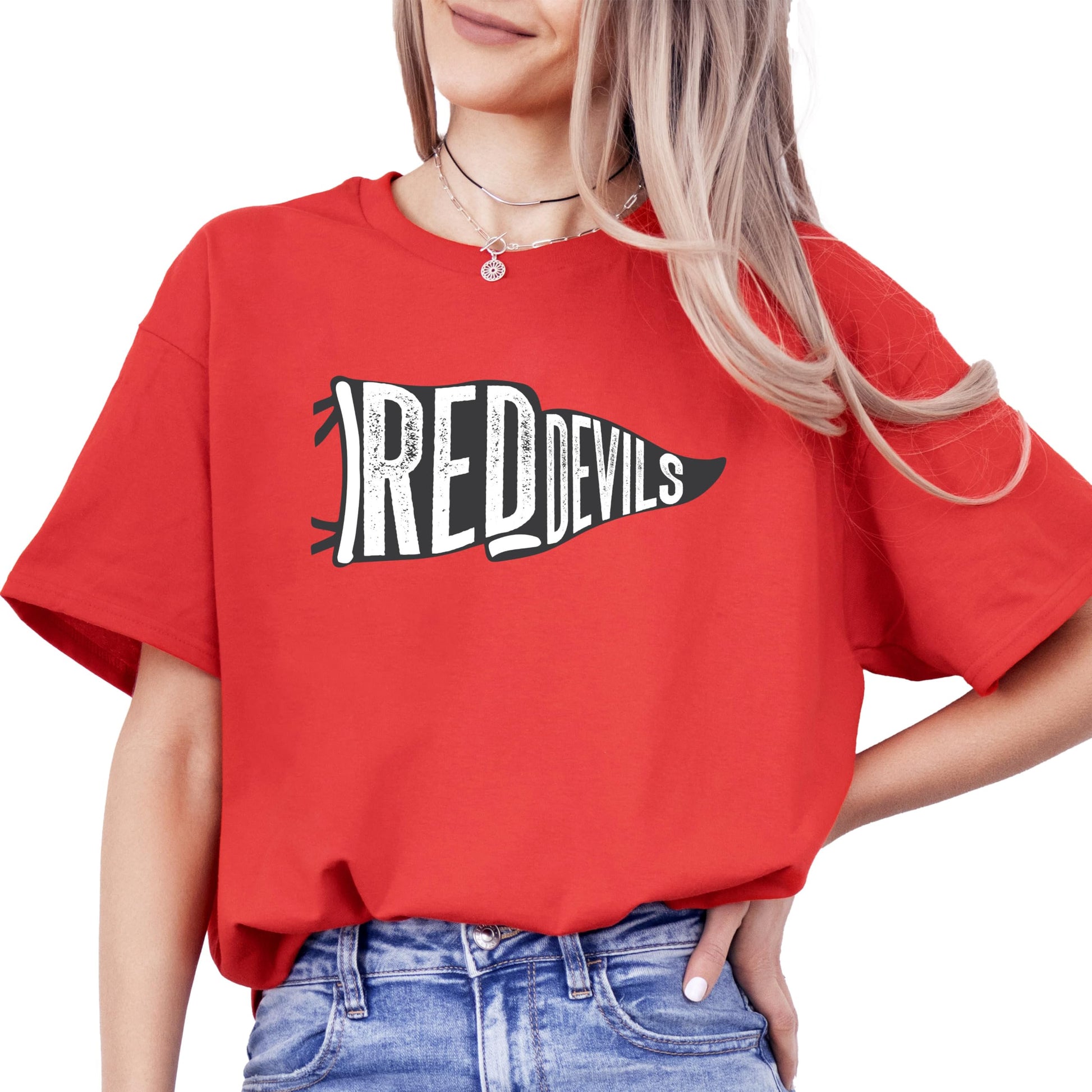Red Devils game day shirt laid flat showing full graphic print detail