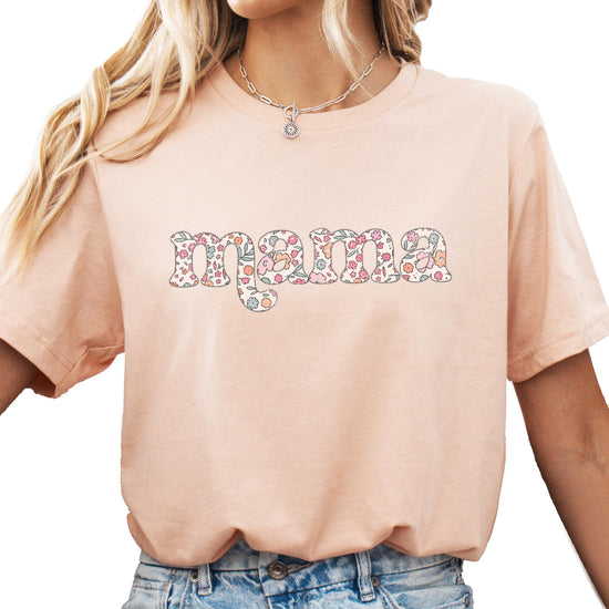 Girl wearing pink Mini floral graphic tee matching mama mommy and me shirt