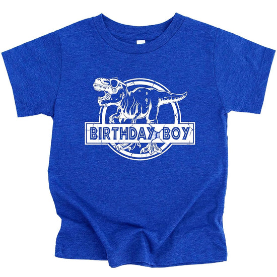 Royal blue Birthday Boy T-Rex shirt showing bold white dinosaur illustration on front