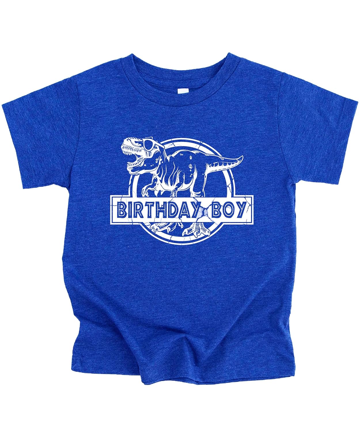 Royal blue Birthday Boy T-Rex shirt showing bold white dinosaur illustration on front