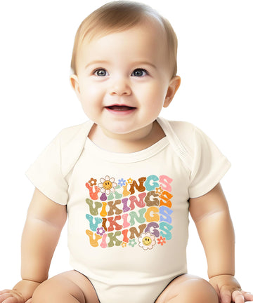 Trendy Vikings fan shirt with rainbow groovy letters and smiley faces on natural colored tee